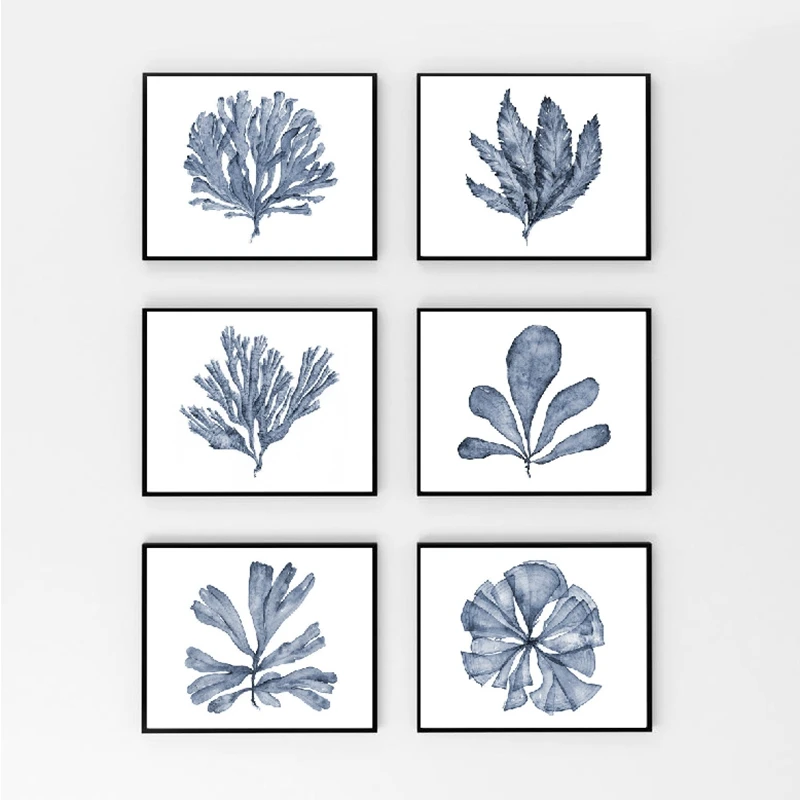 Blue Coral Sea Fan Posters and Prints Modern Watercolor Hamptons Style Art Canvas Painting Coastal Pictures Home Wall Art Decor