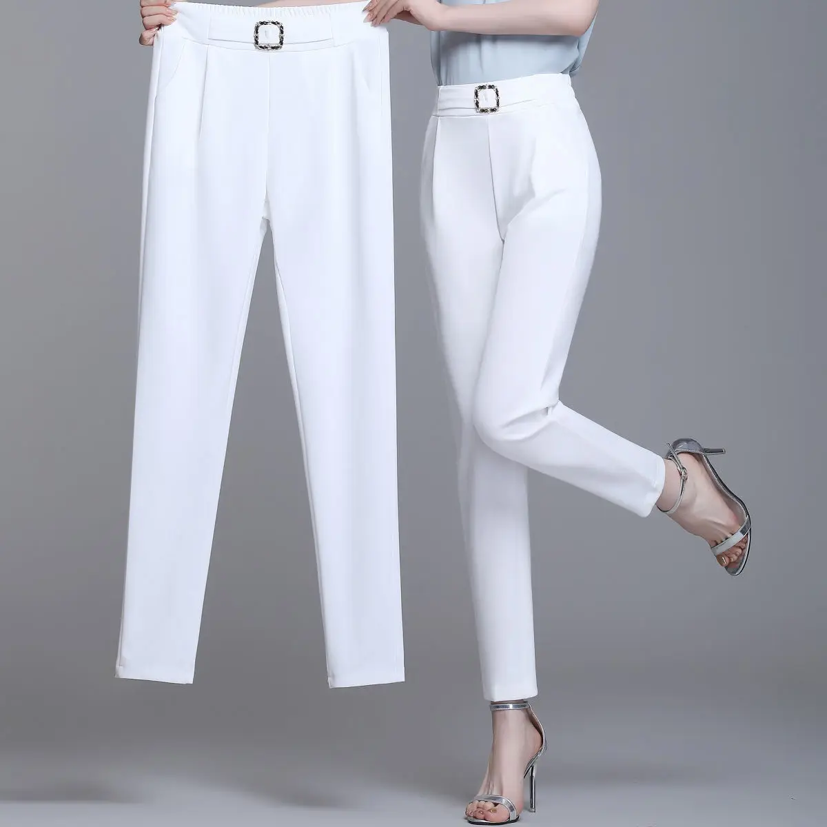 

Elegant High Waist Elastic Harem Pants for Women Commuter Casual Capri Pants Fashion Solid Color Pockets Sashes Trousers 4XL