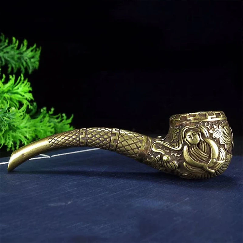 Exquisite Chinese Vintage Handmade Brass White Copper Carved Buddha/Eight Immortals Tobacco Pipe Men\'s Pipe