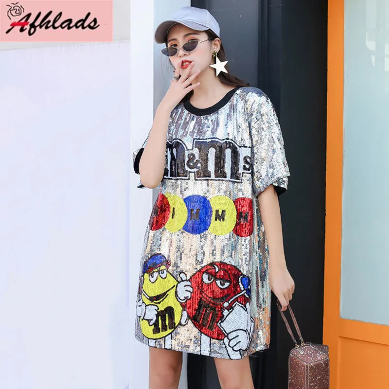 Short-Sleeved T-Shirt Female Summer New Loose Round Neck Personality Sequin Night Club Hip Hop Streetwear Women\'s Top