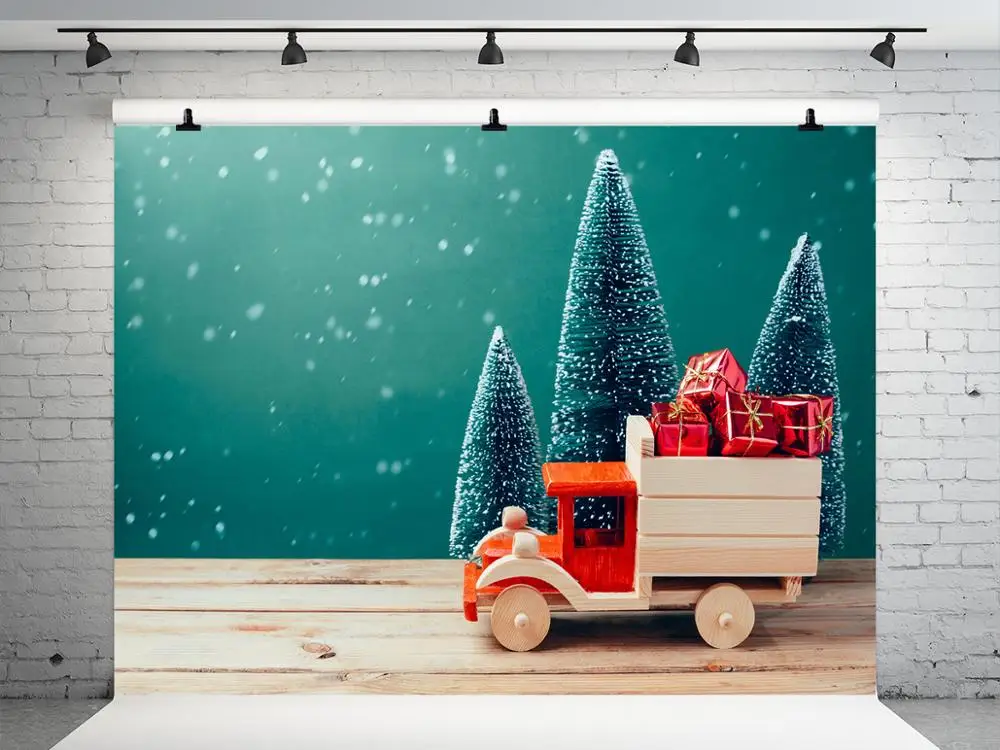 

VinylBDS Christmas Photography Backdrops With Christmas Tree 10x10ft Photography Background Wood Car Children Photo Backdrop