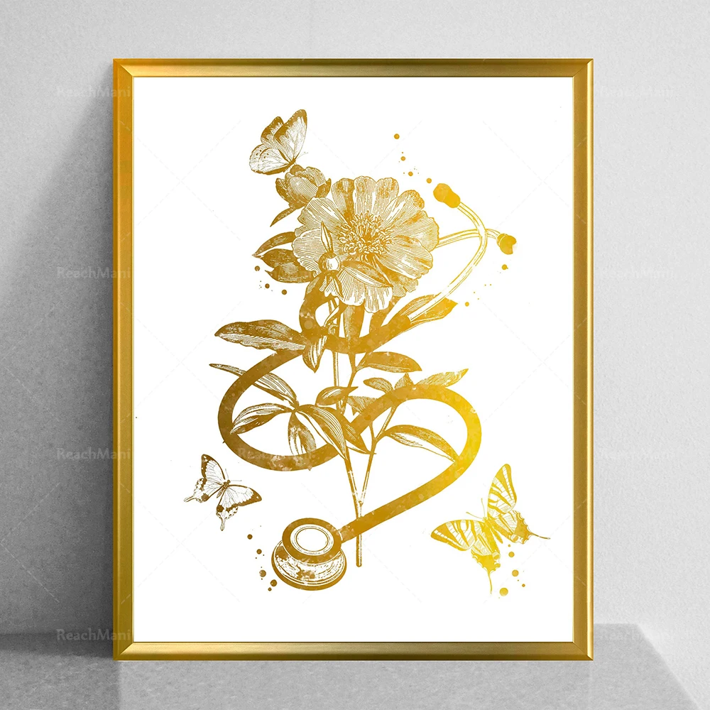 Gold Anatomy and Flowers Prints Anatomical Brain Poster Gold Caduceus Print Stethoscope Art Medical Decor Clinic Art Nurse Gift