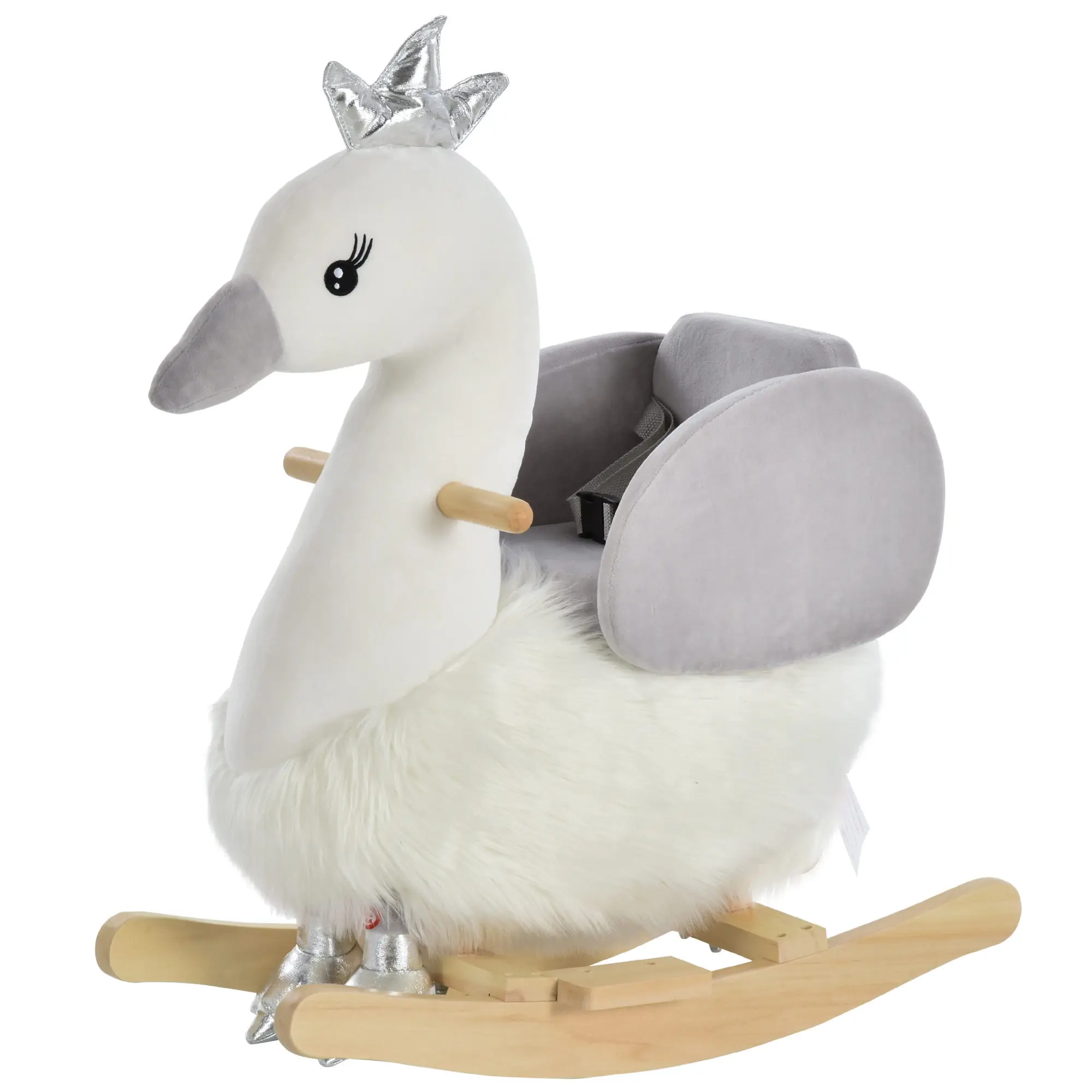 HOMCOM baby rocking horse + 18 months swan shaped sounds footrest and belt 60x33x59 cm white and gray