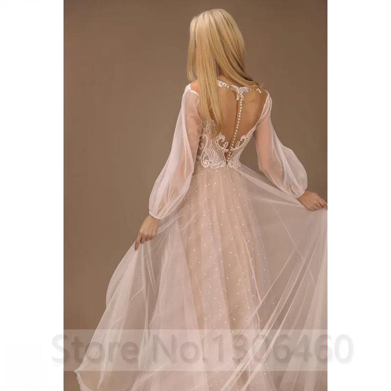 Thinyfull Robe de mariée A Line Dot Tulle Wedding Dress Long Puffy Sleeve Sheer O Neck Appliques Lace Floor Length Bride Gown