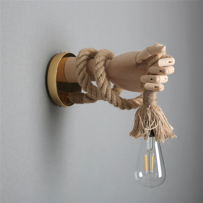 Retro Industrial Style Hemp Rope Wall Light Fixture Simple Creative Hand Shape Wall Lamps Corridor Aisle Indoor E27 Vanity Light