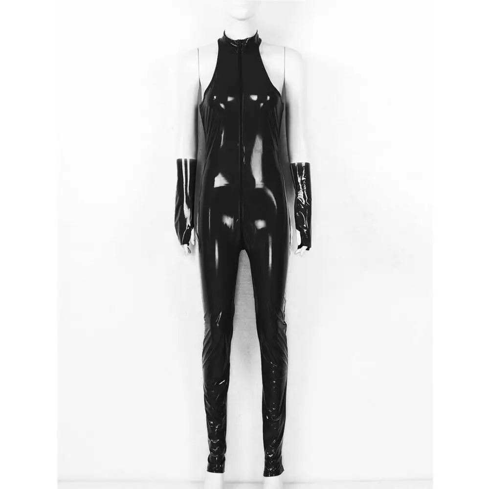 Tuta da donna in vernice effetto bagnato collo alto staffa senza maniche Catsuit body pagliaccetto tute Clubwear Sexy un pezzo