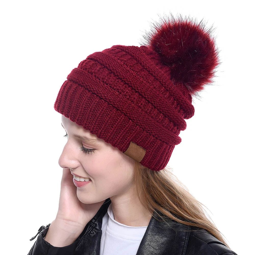 Fashion Autumn Winter Women's Hat Faux Fur Pompoms Beanie Caps Outdoor Warm Knit Hats Unisex Bonnet gorros mujer invierno