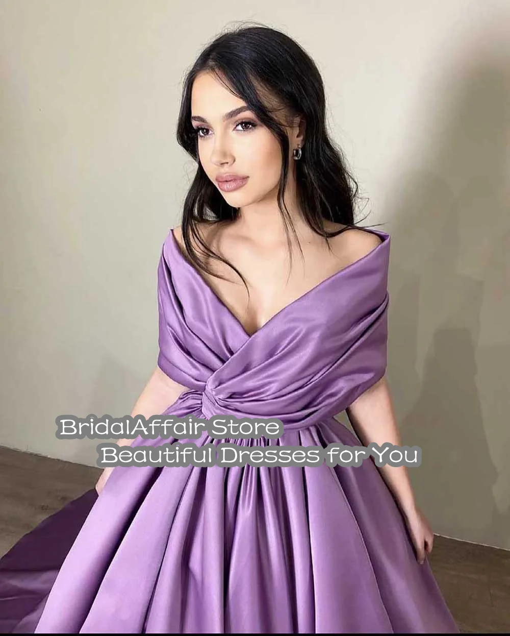 BridalAffair Purple Ball Gown Satin Prom Dresses Sexy Deep V-Neck Evening Party Gowns Pleats Special Occasion Dress for Women