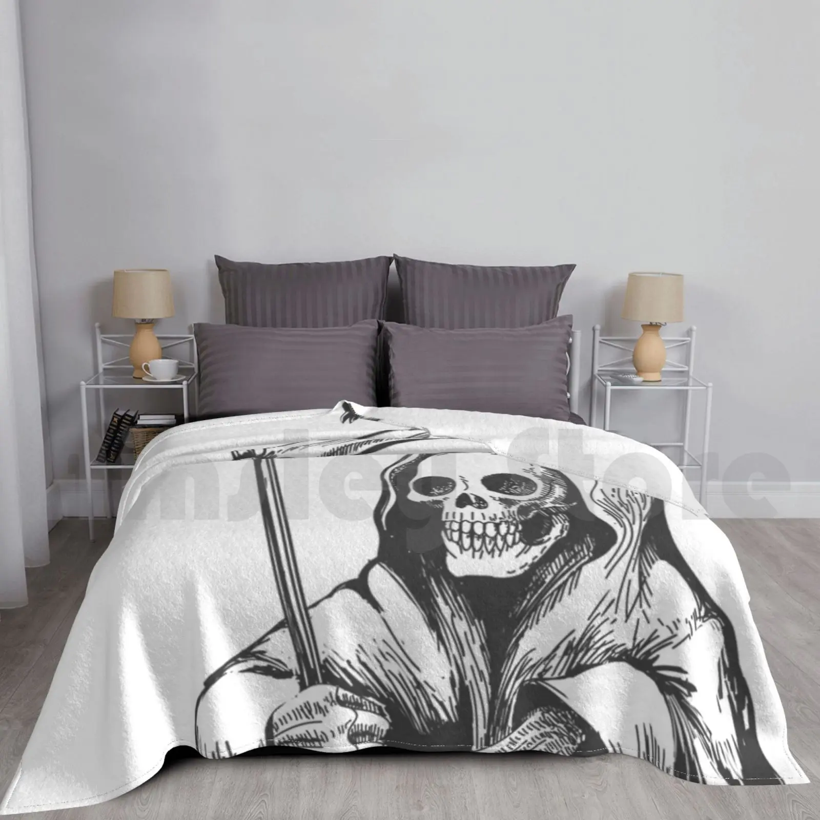 Death With Scythe And Crow Blanket Fashion Custom Demon Silhouette Crow Death Hood Black Dark Vector Background