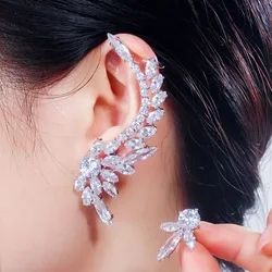 CWWZircons Asymmetric Feather Shape Shiny Cubic Zirconia Long Big Ear Cuff Stud Earrings for Women Fashion Party Jewelry CZ626