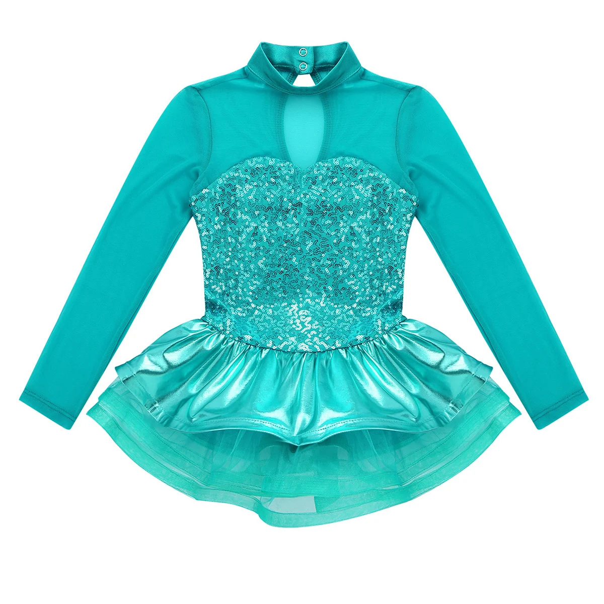 Kids Sequins Long Sleeves Tulle Splice Gymnastics Leotard Girls Ballet Tutu Dress Figure Skating Stage Performance Dance Costume