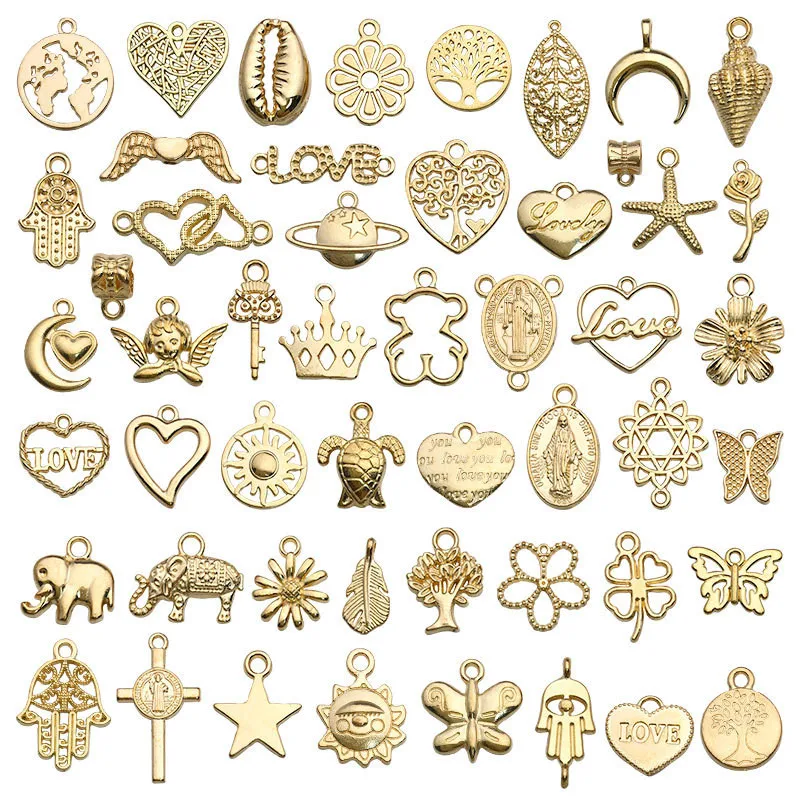 100pcs/set Pcs Kc Gold Color Alloy Charm Bracelet Pendant Earring Accessories Diy Jewelry Making Necklace Multi Shaped Mix