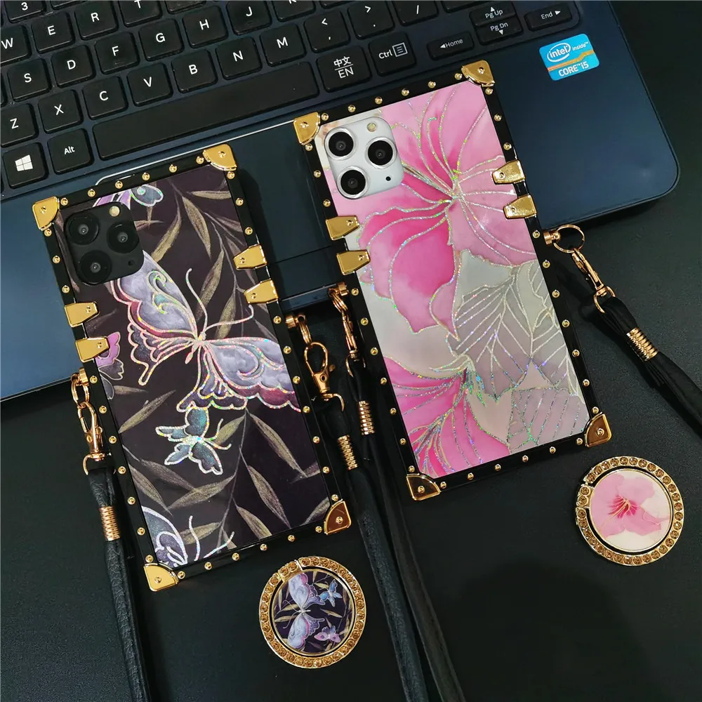 Glitter Butterfly Flower Case For iPhone 15 PRO MAX 11 12 13 14 Crossbody Lanyard Cover Retro Case for iphone 16 Pro MAX 16 Plus