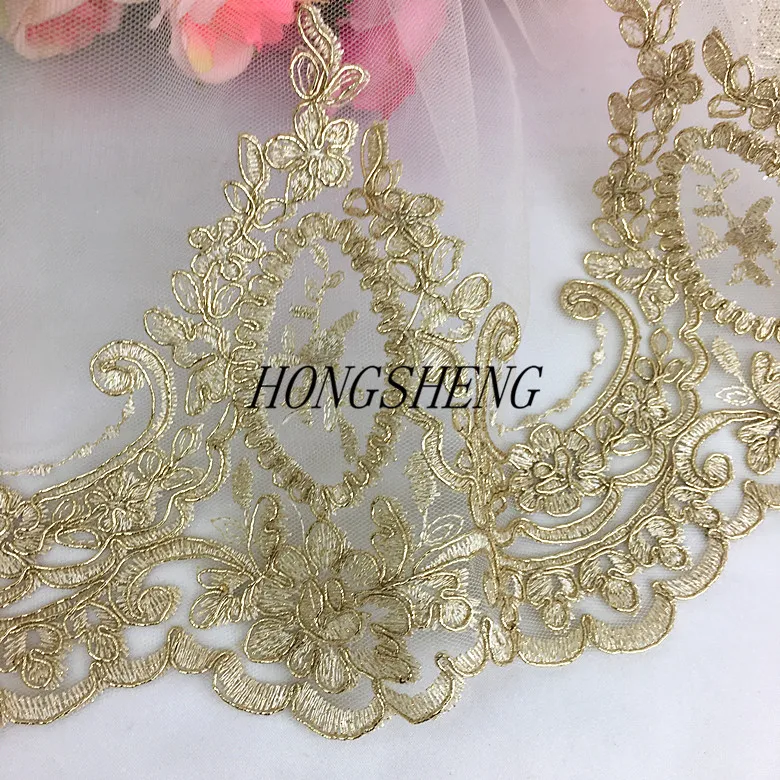 1Yard Light Gold Cord Embroidery Lace Trim for Bridal Wedding Gown Costume Design Lace Mesh 16CM