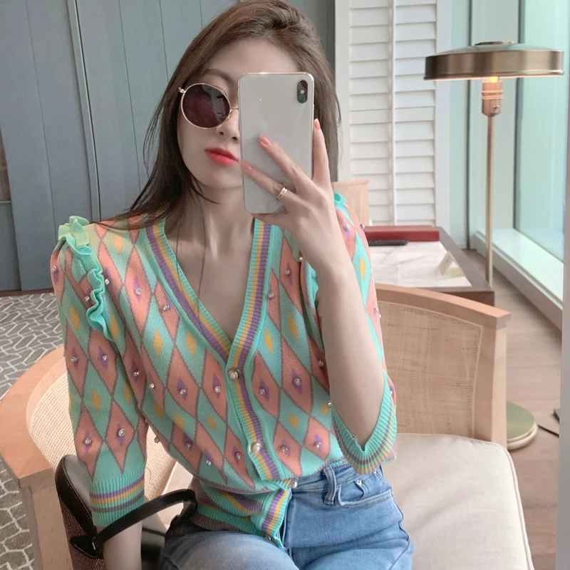 Knitted Short Sleeve Women Thin Cardigan Sweaters 2023 Spring Summer New V-Neck Cropped Tops Fashion Slim Female Jackets