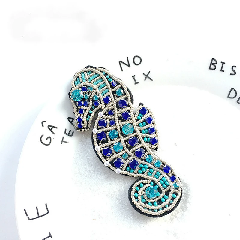 Handmade Beaded Rhinestone Sea Horse Patch for Clothing DIY Crystal Patch for Clothes Bags Sew on Applique Decorative Parches