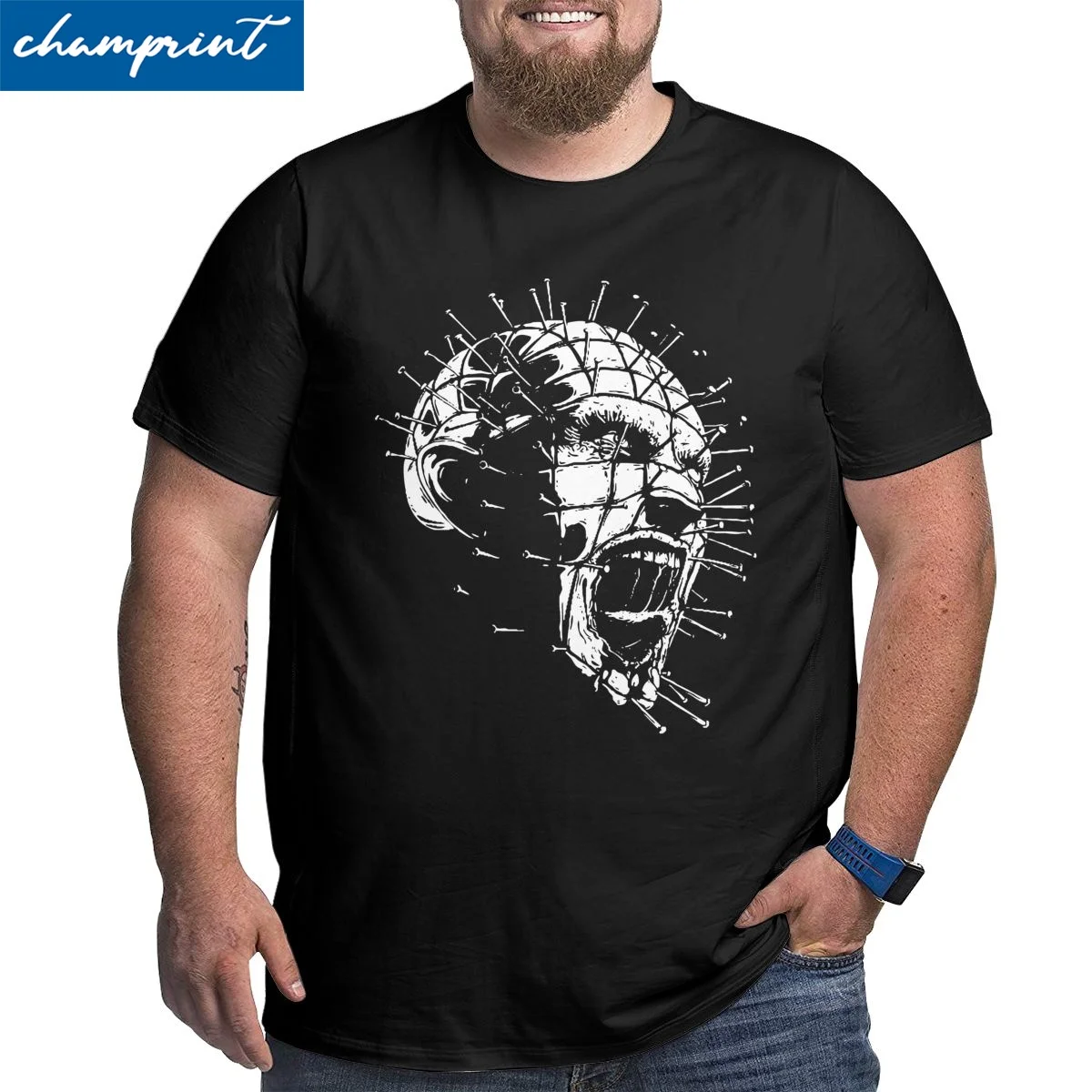 Men's T-Shirts Hellraiser Pinhead Horror Cotton Big Tall Tee Shirt Short Sleeve T Shirt O Neck Clothes Big Size 4XL 5XL 6XL