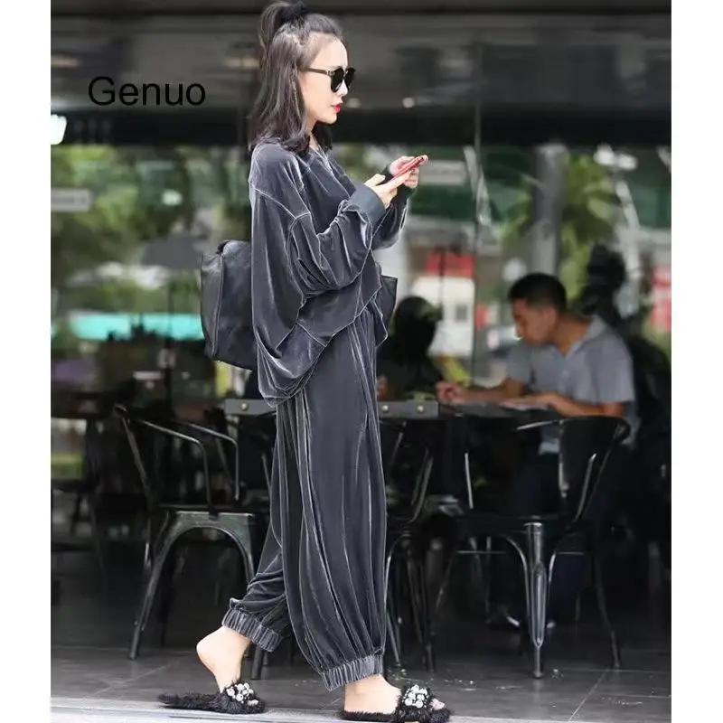 

Women Velvet Two Pieces Set Batwing Sleeve Woman Tops With Wide Leg Pants Two Piece Set Womens Warm Sets Clothes 2020