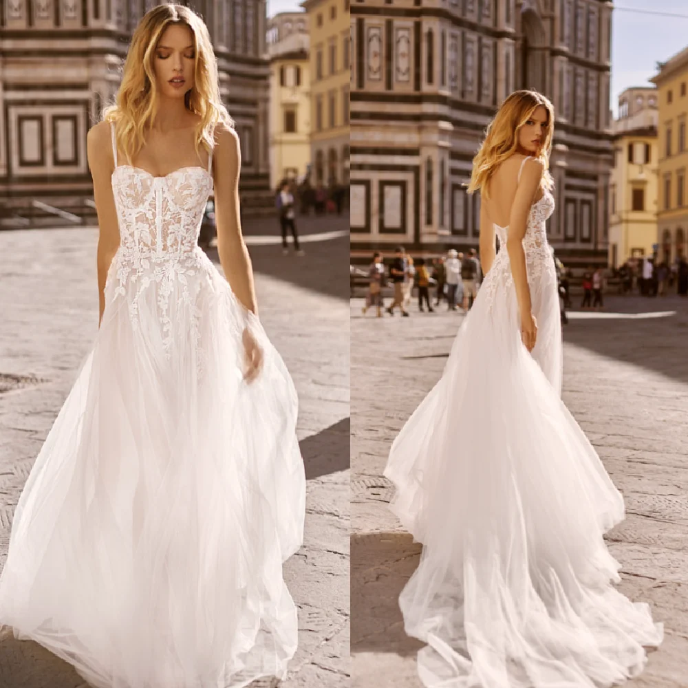 Personalizado cinta de espaguete tule vestido de casamento 2025 querida apliques vestidos de noiva espartilho varredura praia casamento robe de mariée