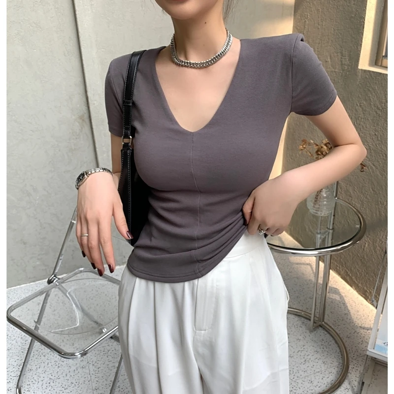 Casual Cotton V Neck Short Sleeve T-shirt Women Fashion Shoulder Pad Solid Color Summer Slim Tees Ladies Basic Elastic Tops