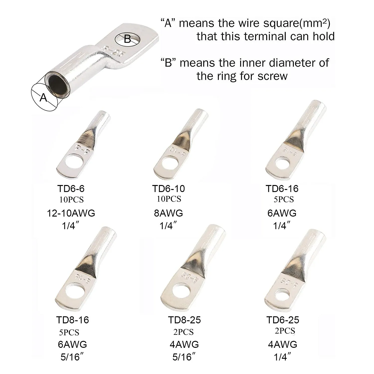 Wire Lugs Battery Cable Lugs Kit DIN46235 Heavy Duty Tinned Copper Tubular Lugs 10/8/6/4 Gauge Ring Terminals