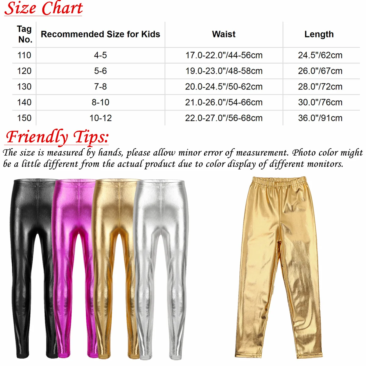 4-12 Yrs Fashion Girls Golden Leggings Stretch Skinny Pants Silver Shinnig Rose Color Kids Full Length Bottoms Metallic Leggings