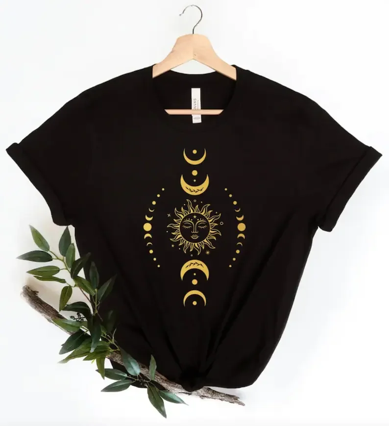 Sun Moon Stars Celestial Graphic One with the Boho Fashion Funny Graphic Cotton Women Tshirts Korean O Neck Casual Short Sleeve