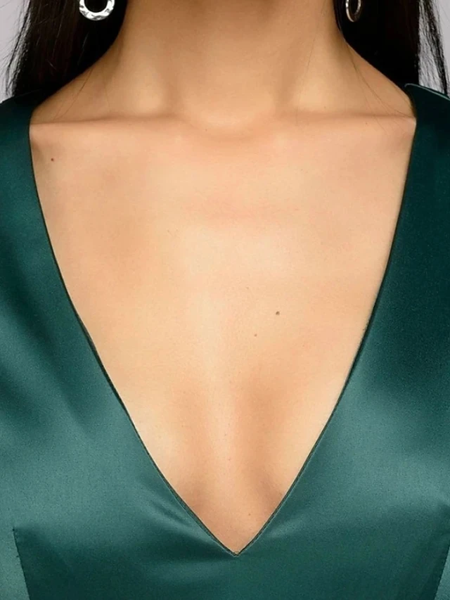 Robe De soirée en Satin vert foncé, col en V, plissée, longueur thé, Robe De bal élégante, 2021