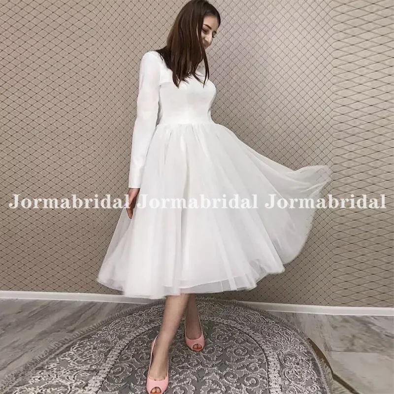 Modest Short Wedding Dresses With Long Sleeves Tulle Beach Bridal Dress Lovely Tea Length Wedding Gown 2021 vestidos de novia