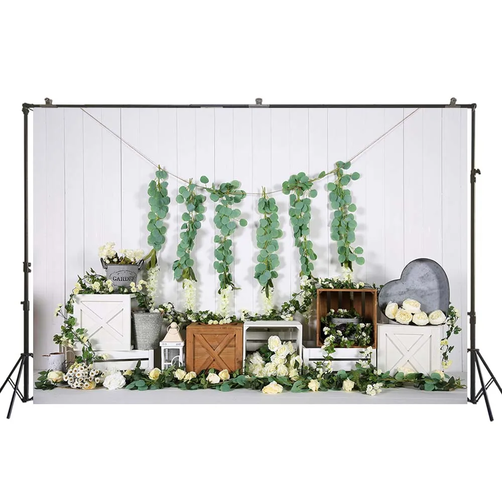 Photography Backdrop White Wood Wall Spring Floral Background Children Newborn Baby Birthday Decorations Studio Props W-4335