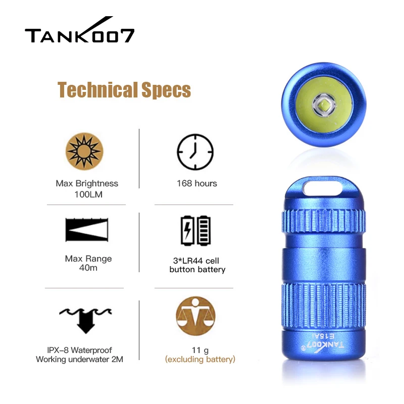 Tank007 E15 mini Pocket Multi Purpose Torch 5 Colours Neck Hanging Keychain 168 hours working time 3W 100 lumens