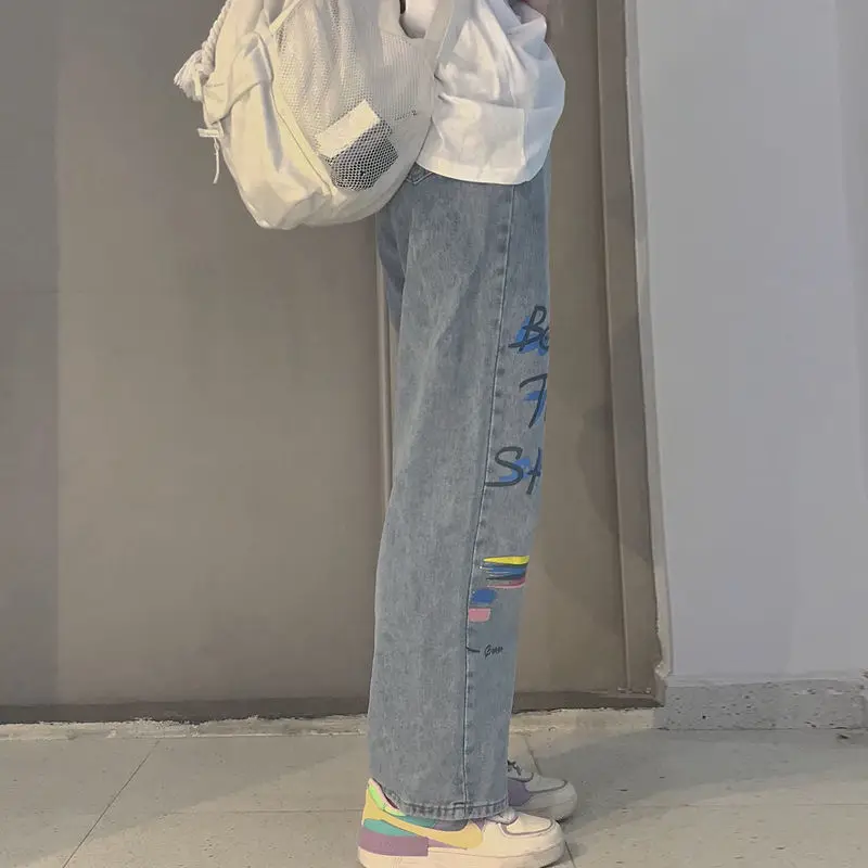 น่ารักสายรุ้งพิมพ์กางเกงยีนส์ตรงกางเกงกางเกงหญิง Harajuku Street Denim Bagge Cool ฤดูใบไม้ร่วงกางเกงยีนส์ Femme