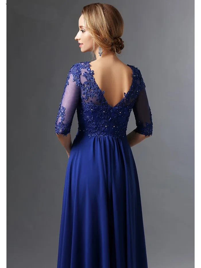 Royal Blue 2019 abiti per la madre della sposa A-line scollo a v mezze maniche Chiffon pizzo lungo elegante sposo abiti per la madre matrimonio