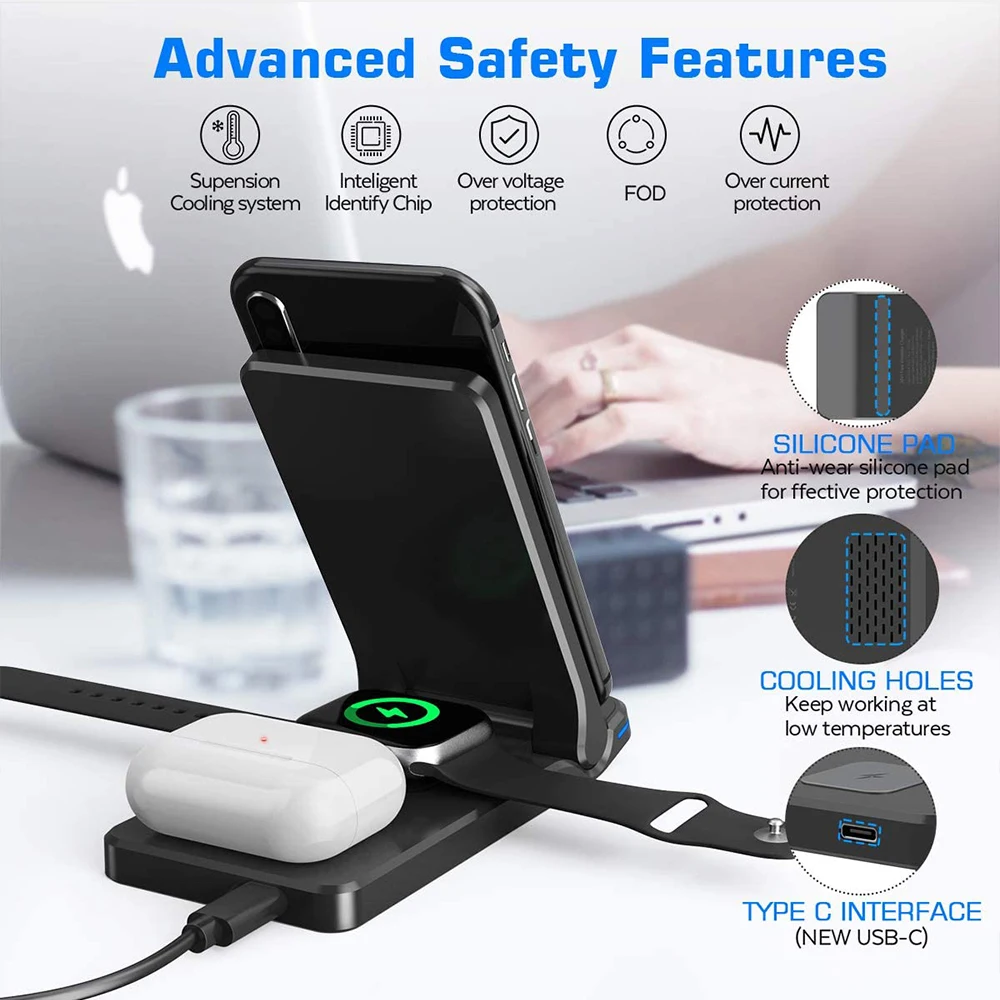 3 in 1 Qi Wireless Charger For Samsung Galaxy S20/Note 20/ iPhone 12/11 Foldable Charging Dock Station For iWatch SE Airpods Pro