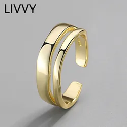 LIVVY Minimalist Geometric Double Adjustable Ring Genuine Silver Color Trendy Fashion Jewelry For Charm Women