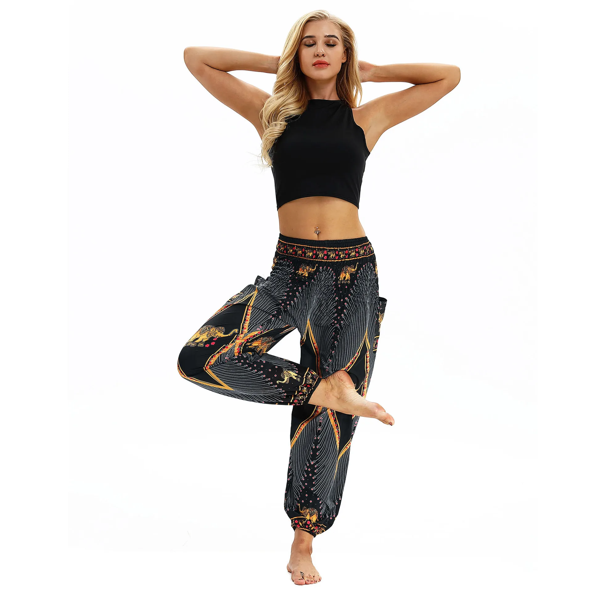 

Bohemian Slacks Women's Trousers Digital Printed Elephant MID Waisted Fitness Pants Loose Casual Knickerbockers Sweatpants Pants