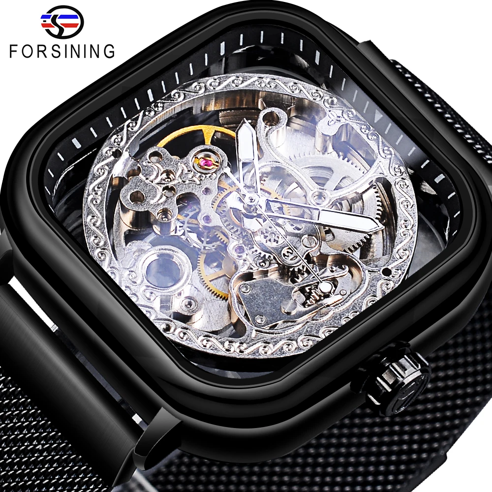 Forsining Skeleton Men Mechanical Wristwatches Square Transparent Mens Watch Black Steel Automatic Watches Relogio Masculino