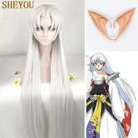 39in 100cm Long Inuyasha Sesshomaru Wig With Ears Heat Resistant Cosplay Silvery Synthetic Hair Peruca + Wig Cap