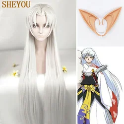 39in 100cm Long Inuyasha Sesshomaru Wig With Ears Heat Resistant Cosplay Silvery Synthetic Hair Peruca + Wig Cap
