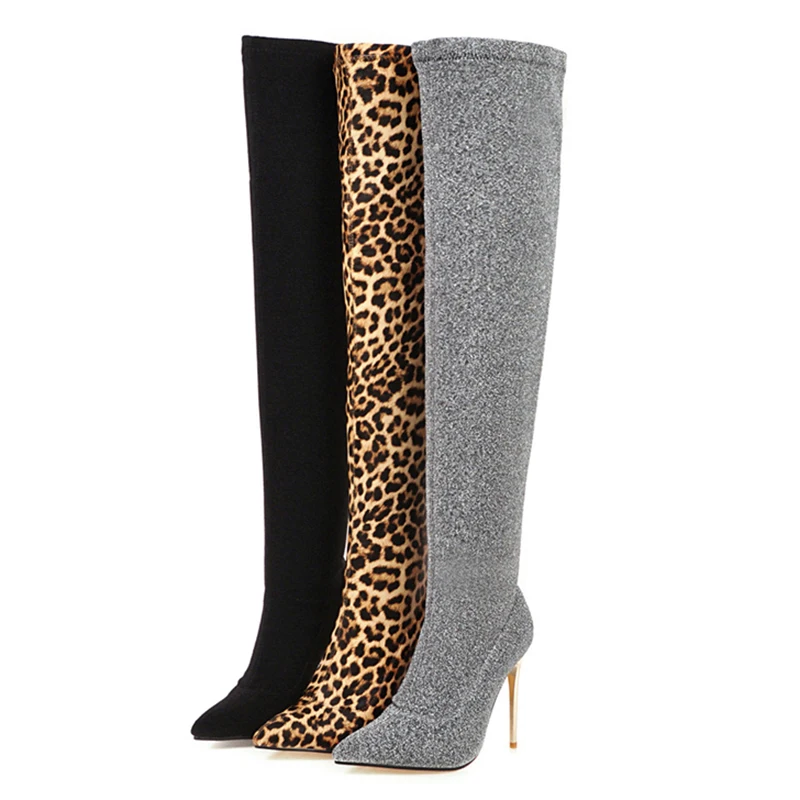 2023 Women Over The Knee Sock Boots 10cm High Heels Long Winter Stretch Leopard Snow Boots Lady Thigh Stripper Fetish Shoes