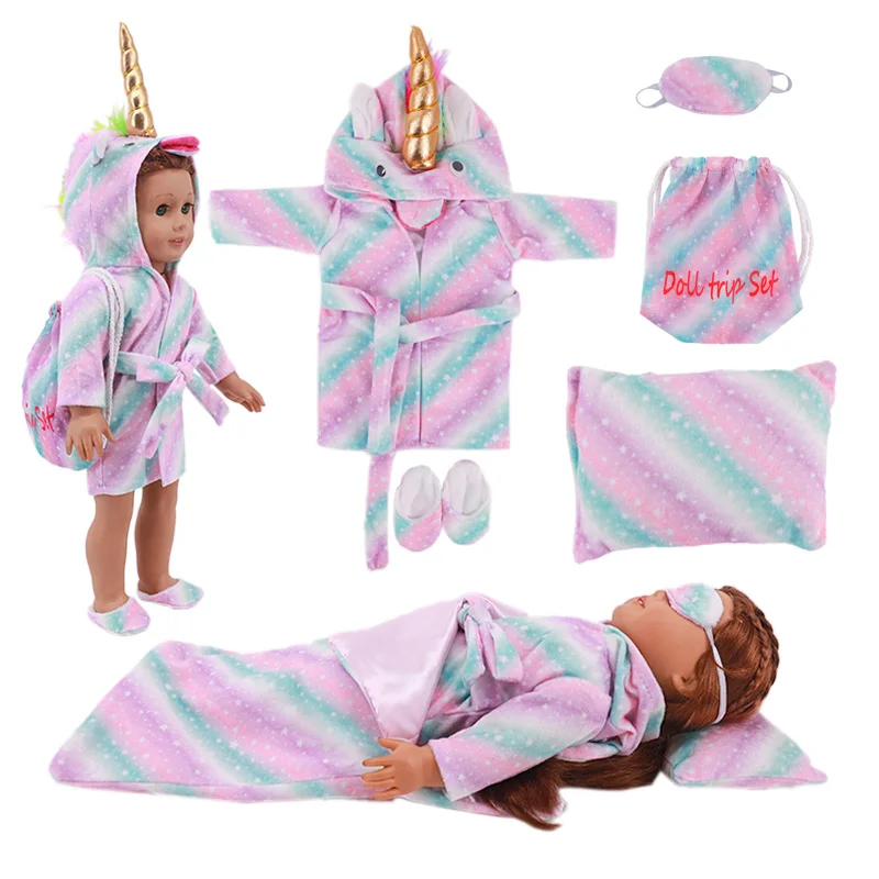 6Pcs Doll Sleeping Bag Bathrobes,Unicorn Jumpsuits,Sleeping Bag,Pillow,Mask,Slipper Fit 18Inch American&43CM Born Baby Girl Toys