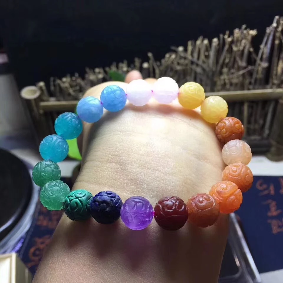 Natural Rainbow Different Mixed Stone Amethyst Aquamarine Amazonite Amber Lapis Jasper Carved Beads Bracelet 8mm 10mm 12mm AAAAA