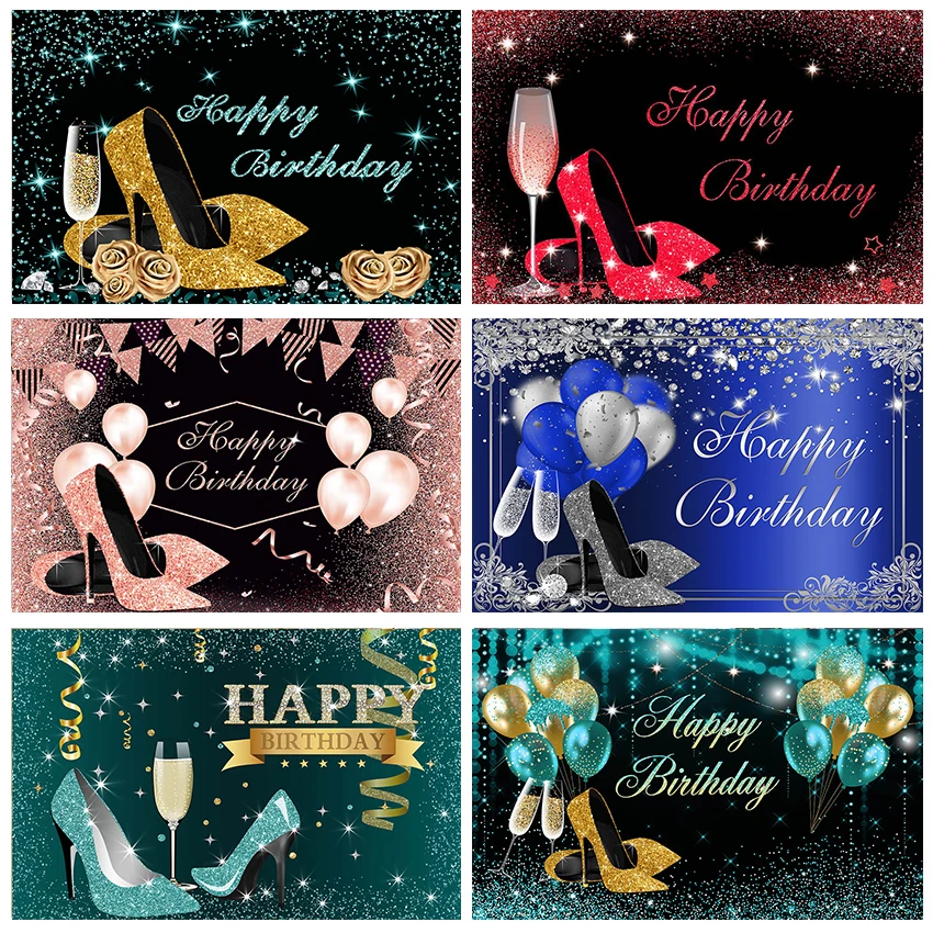 

Adult High Heels Themed Birthday Party Backdrop Woman Happy Cake Smash Background Glitter Bokeh Balloons Photocall