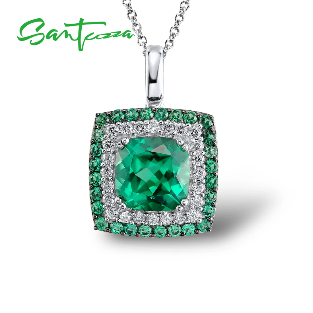 SANTUZZA Genuine 925 Sterling Silver Pendant For Women Square Shiny Green Agate Spinel Blue Cubic Zirconia Party Fine Jewelry