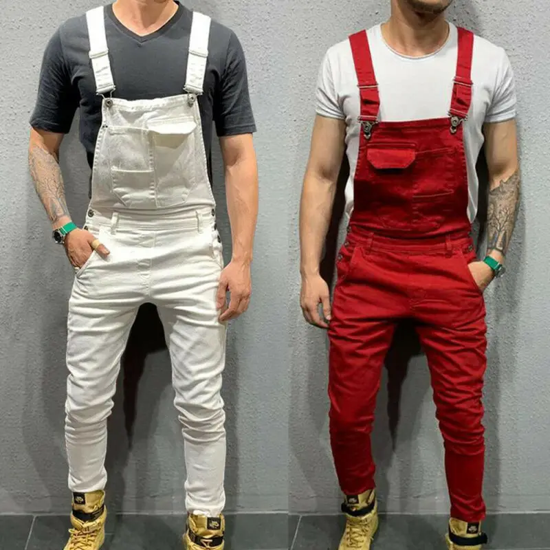 Men Bib Pants Denim Jeans Suspenders Overalls Jumpsuit Straight Skinny Slim Fit Solid Jumpsuits Trousers