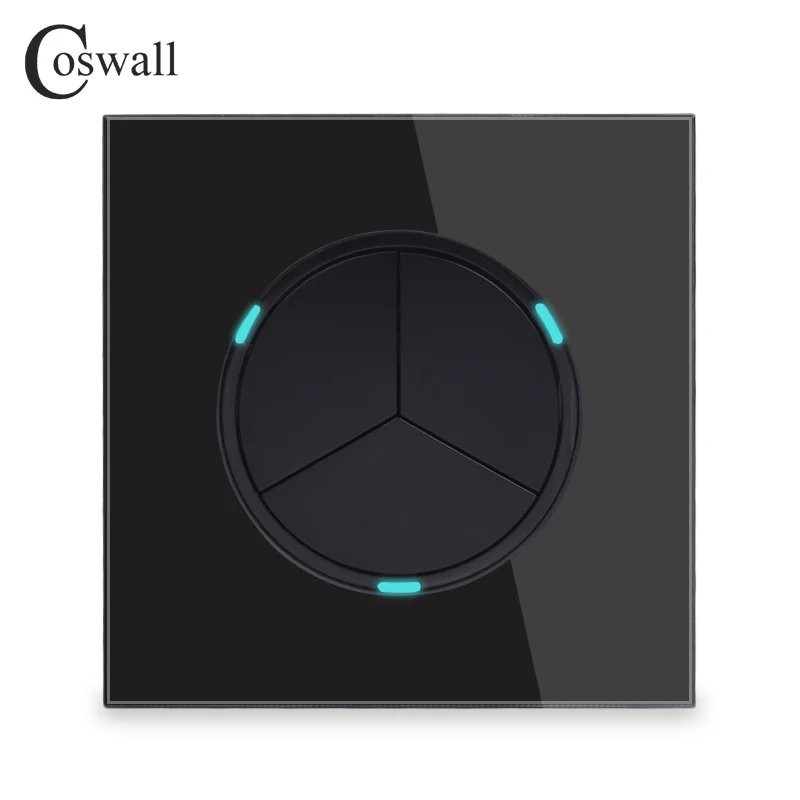 Coswall Crystal Glass Panel 3 Gang 1 Way Round Key Random Click Push On / Off Wall Light Switch With Blue Backlight R11 Series