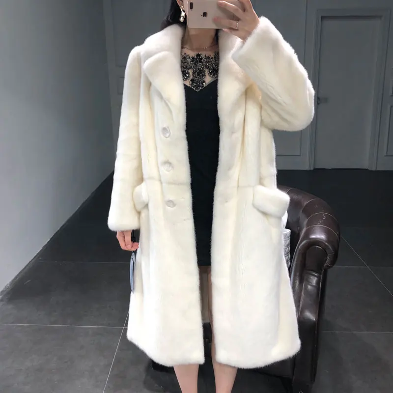 Mink Whole Fur Women Long Skirt Coat with Collar  Winter Thick Warm Female Mink Fur Jacket