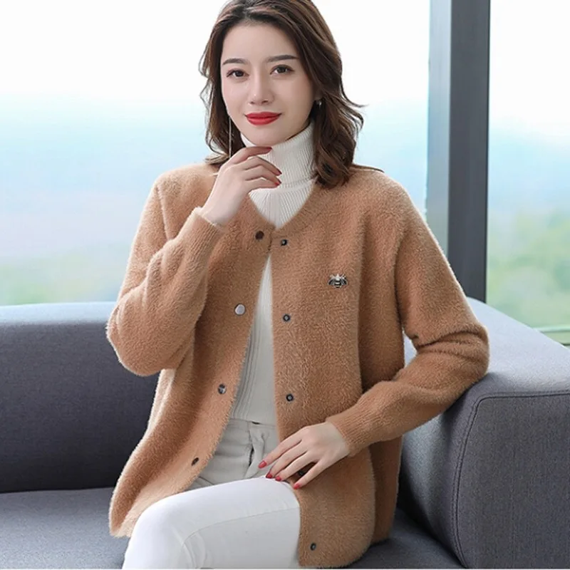 British Style Pure Color Knitted Cardigan Jacket Women Fall/Winter Loose Imitation Mink Fleece Sweater Short Coat Lady Clothing