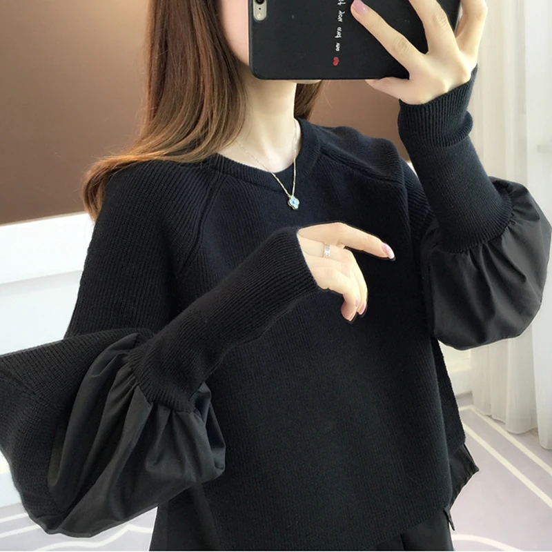 Korean Chic Patchwork Sweater Women Autumn Winter Fake Two Piece Pullover Knitted Sweaters Female Jumper Pull Femme