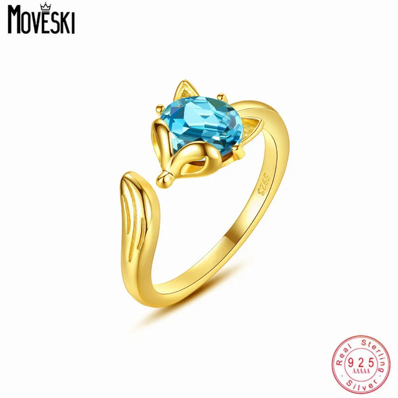 

MOVESKI New Austrian Blue Crystal S925 Sterling Silver Little Fox Ring for Women Adjustable Opening Fashion Ring